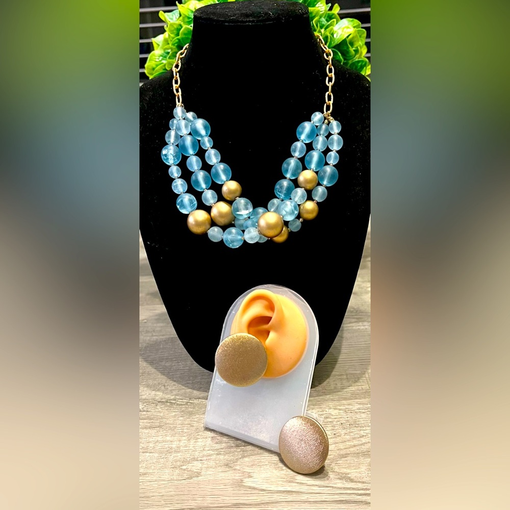 BEADED BLUE AND GOLD NECKLACE WITH CLIP ON EARRINGS SET-Gorgeous